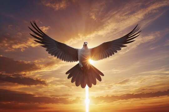 Holy Spirit. Winged Dove flying in front of the cross at sunset. Christian concept