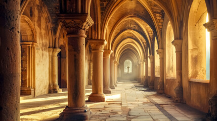 Warm sunlight filters through an old monastery's arched hallway