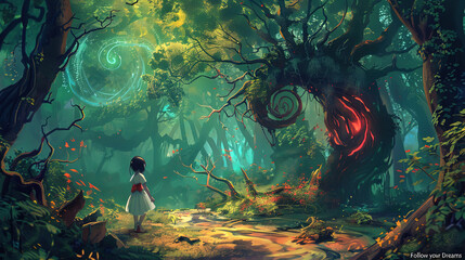Painting of young girl walking through a dense forest, surrounded by tall trees and dappled sunlight filtering through the leaves