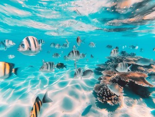 Shoal of tropical fish swimming over coral reef in crystal clear blue water, capturing the calm beauty of marine life.