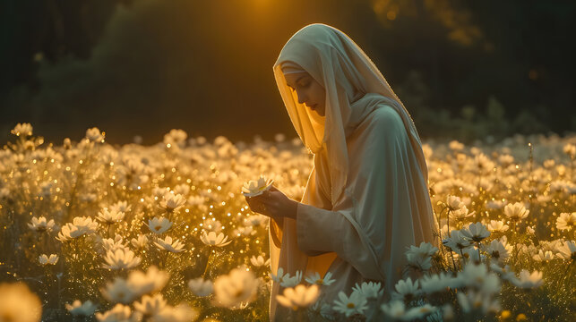 A nun in white praying in the field of vibrant flowers.