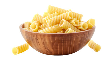 raw italian Rigatoni pasta in wooden bowl isolated on transparent background