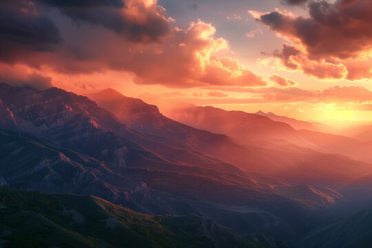 Dramatic sunrise over rugged mountains creating a scene of awe and inspiration