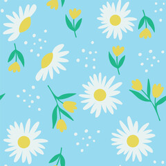 Fototapeta na wymiar Daisy flower seamless on blue background illustration. Pretty floral pattern for print.