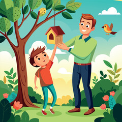 dad, son, tree, leaves, nature, birdhouse, house, feeder, bird, grass, food, good