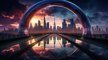 Obraz premium round neon arch portal with a view of the panorama of the modern city cityline skyscrapers, podium presentation