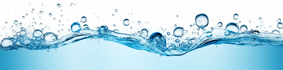 narrow panorama of bubbles in clear blue water background.