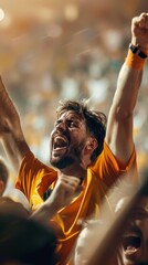 An overjoyed soccer fan celebrates with fervor, arms uplifted in jubilation, embodying the sheer...