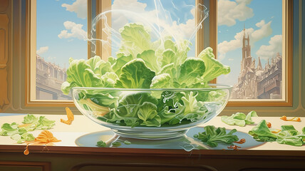 green lettuce leaves in a large bowl healthy food