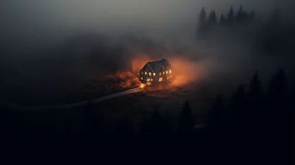 Foto op Canvas night landscape, mysterious lonely house in misty autumn mountains, thriller, horror, fairy tale © kichigin19