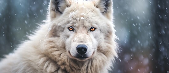 Naklejka premium close up white wolf with snowfall background