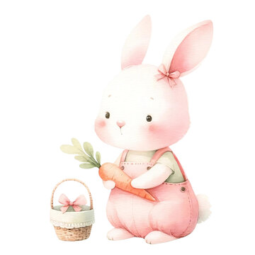 Bunny with Carrot in Overalls Watercolor Painting
