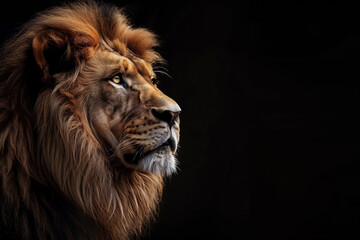 Majestic Lion staring on black background, motivational quote inspirational male grind post, Stoicism stoic hard men mentality philosophy philosopher, copy space for quotation text