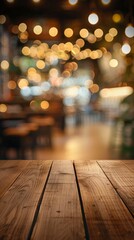 A welcoming, vacant wooden tabletop foreground, paired with a gentle bokeh of lights against a softly blurred restaurant backdrop, creating a cozy and inviting ambiance.
