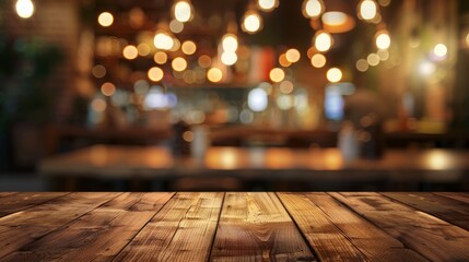 An inviting empty wooden tabletop with a soft bokeh of lights on a blurred restaurant background, setting a warm and welcoming atmosphere. - obrazy, fototapety, plakaty