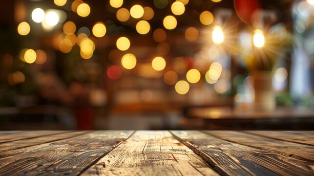A welcoming, vacant wooden tabletop foreground, paired with a gentle bokeh of lights against a softly blurred restaurant backdrop, creating a cozy and inviting ambiance.