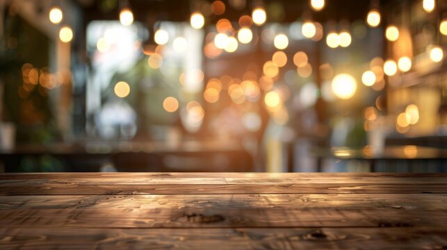 A welcoming, vacant wooden tabletop foreground, paired with a gentle bokeh of lights against a softly blurred restaurant backdrop, creating a cozy and inviting ambiance.