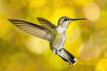 Fototapeta premium Hovering Hummingbird with Iridescent Feathers Against Yellow - Generative AI