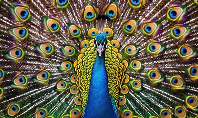 Obraz premium Majestic Peacock with Radiant Feather Display in Full Glory - Generative AI