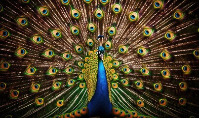 Obraz premium Spectacular Peacock with Luminous Feather Display in Radiant Splendor - Generative AI