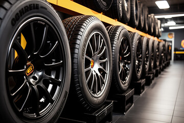 A row of black and silver tires are on display in a store. The tires are arranged in a neat and orderly fashion, with each one standing on a platform. The store has a modern and sleek design - Powered by Adobe