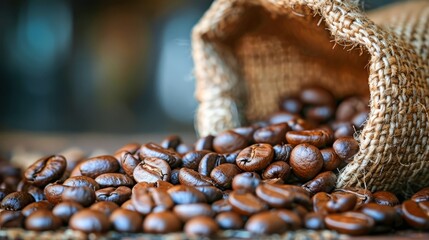 Fresh Roasted Coffee Beans Spilling From Burlap Sack on Rustic Table, Close-Up, Artisanal Beverage Background