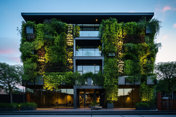 Innovative green architecture with vertical gardening, emphasizing sustainability and energy conservation in modern urban development