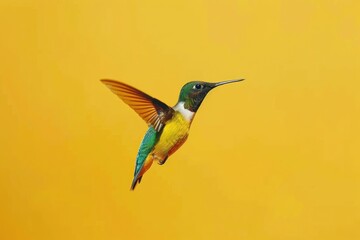Obraz premium Emerald Hummingbird in Flight Against a Sunny Yellow Backdrop - Generative AI