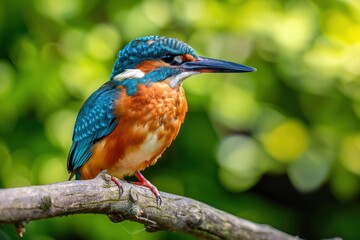 Fototapeta premium Inquisitive Kingfisher on Branch with Lush Green Bokeh - Generative AI