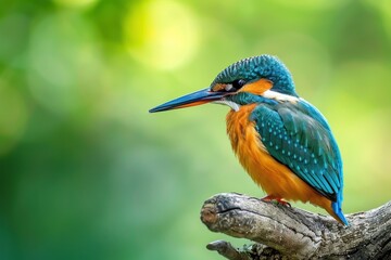 Obraz premium Inquisitive Kingfisher on Branch with Lush Green Bokeh - Generative AI