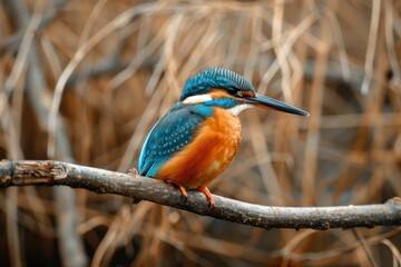 Fototapeta premium Vivid Kingfisher Rests on a Branch in Natural Habitat - Generative AI