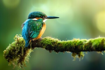 Fototapeta premium Moss-Covered Perch: Kingfisher in the Rain with Vivid Details - Generative AI