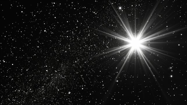 A timeless black and white photograph showcasing a luminous star set against a deep, dark backdrop.