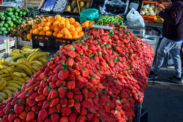 Strawberries on a market counter in a Spanish town.
