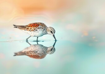 Elegant Sandpiper Gliding on Water Mirror Reflection - Crafted  Generative AI