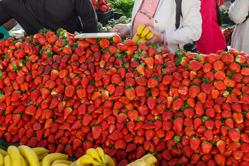 Strawberries on a market counter in a Spanish town.
