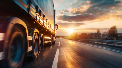 Fotobehang A detailed view capturing a cargo truck traveling on the highway during a picturesque sunset, highlighting its journey. © vadymstock