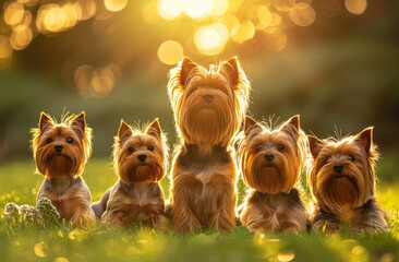 Serenade of Light: Five Yorkshire Terriers in Nature's Glow - Generative AI - obrazy, fototapety, plakaty
