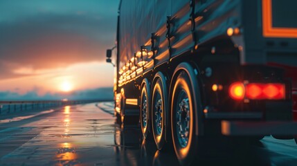 A detailed view capturing a cargo truck traveling on the highway during a picturesque sunset, highlighting its journey.