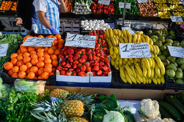 Strawberries on a market counter in a Spanish town.