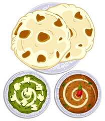 Naan Bread with Palak Paneer & Dal Makhani - Traditional Desi Indian Food Top View Detailed Illustration 