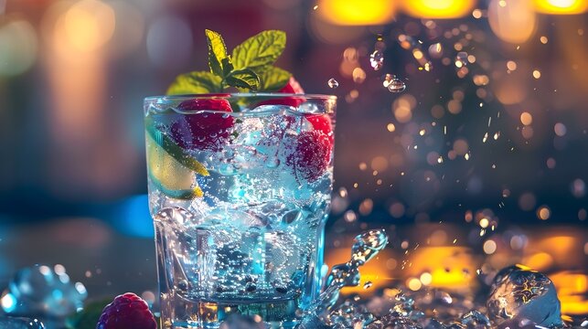 Refreshing Cocktail with Berries and Mint, Splash Effect , Inviting image for culinary websites and advertisements highlighting fresh beverages.