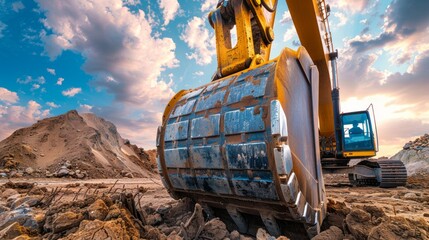 A detailed shot of an operational excavator bucket, showcased against the backdrop of the sky.