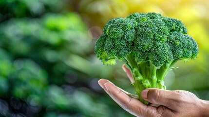 Hand holding broccoli floret on blurred background with ample copy space for text placement