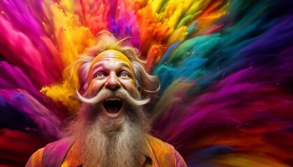 A man with a beard sporting multi colored hair and face, holi festival celebrations - obrazy, fototapety, plakaty