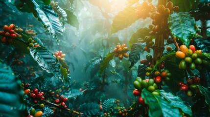 Sunlight Filtering Through Lush Green Coffee Plantation with Ripe Coffee Berries on Branches