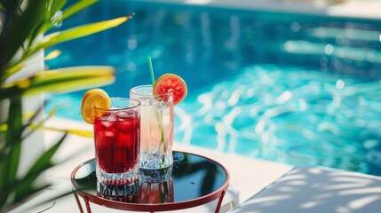 summer refreshing cocktails in glasses against the background of the pool, all inclusive concept