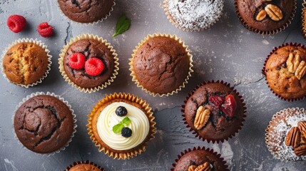 A variety of muffins and cupcakes with different toppings and flavors. The muffins and cupcakes are...