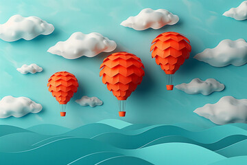 a 3 red balloons flies above the sea waves.