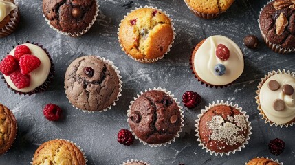 A variety of muffins and cupcakes with different toppings and flavors. The muffins and cupcakes are...